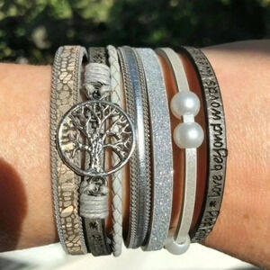 Tree of Life Pearl Silver Leather Layered Magnetic Bracelet NWT